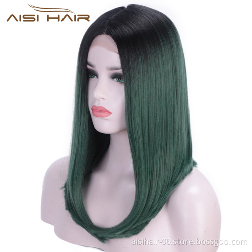 Aisi Hair Synthetic Silky Straight Lace Front Wigs Ombre Green Middle Part Lace Front Cosplay Bob Wigs for Women